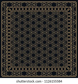 Black and gold abstract graphic pattern. Geometric ornament with frame, border. Line art, lace, embroidery background. Bandanna, shawl, scarf, tablecloth design for textile fabric print