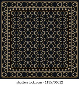 Black and gold abstract graphic pattern. Geometric ornament with frame, border. Line art, lace, embroidery background. Bandanna, shawl, scarf, tablecloth design for textile fabric print