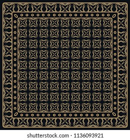 Black and gold abstract graphic pattern. Geometric ornament with frame, border. Line art, lace, embroidery background. Bandanna, shawl, scarf, tablecloth design for textile fabric print