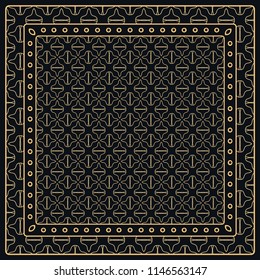 Black and gold abstract graphic pattern. Geometric ornament with frame, border. Line art, lace, embroidery background. Bandanna, shawl, scarf, tablecloth design for textile fabric print