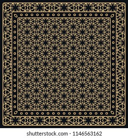 Black and gold abstract graphic pattern. Geometric ornament with frame, border. Line art, lace, embroidery background. Bandanna, shawl, scarf, tablecloth design for textile fabric print