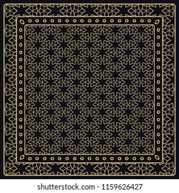 Black and gold abstract graphic pattern. Geometric ornament with frame, border. Line art, lace, embroidery background. Bandanna, shawl, scarf, tablecloth design for textile fabric print