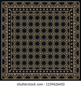 Black and gold abstract graphic pattern. Geometric ornament with frame, border. Line art, lace, embroidery background. Bandanna, shawl, scarf, tablecloth design for textile fabric print
