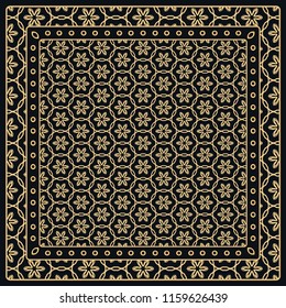 Black and gold abstract graphic pattern. Geometric ornament with frame, border. Line art, lace, embroidery background. Bandanna, shawl, scarf, tablecloth design for textile fabric print