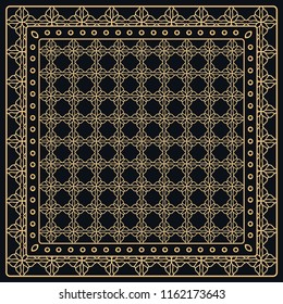 Black and gold abstract graphic pattern. Geometric ornament with frame, border. Line art, lace, embroidery background. Bandanna, shawl, scarf, tablecloth design for textile fabric print