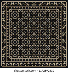Black and gold abstract graphic pattern. Geometric ornament with frame, border. Line art, lace, embroidery background. Bandanna, shawl, scarf, tablecloth design for textile fabric print