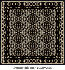 Black and gold abstract graphic pattern. Geometric ornament with frame, border. Line art, lace, embroidery background. Bandanna, shawl, scarf, tablecloth design for textile fabric print