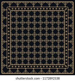 Black and gold abstract graphic pattern. Geometric ornament with frame, border. Line art, lace, embroidery background. Bandanna, shawl, scarf, tablecloth design for textile fabric print