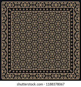 Black and gold abstract graphic pattern. Geometric ornament with frame, border. Line art, lace, embroidery background. Bandanna, shawl, scarf, tablecloth design for textile fabric print