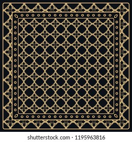 Black and gold abstract graphic pattern. Geometric ornament with frame, border. Line art, lace, embroidery background. Bandanna, shawl, scarf, tablecloth design for textile fabric print