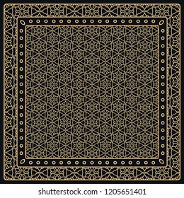 Black and gold abstract graphic pattern. Geometric ornament with frame, border. Line art, lace, embroidery background. Bandanna, shawl, scarf, tablecloth design for textile fabric print