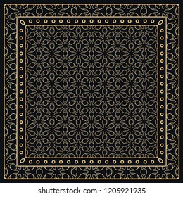 Black and gold abstract graphic pattern. Geometric ornament with frame, border. Line art, lace, embroidery background. Bandanna, shawl, scarf, tablecloth design for textile fabric print