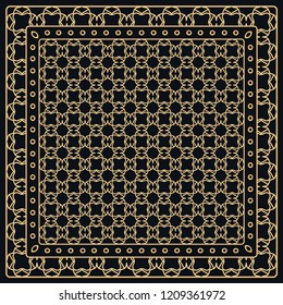 Black and gold abstract graphic pattern. Geometric ornament with frame, border. Line art, lace, embroidery background. Bandanna, shawl, scarf, tablecloth design for textile fabric print