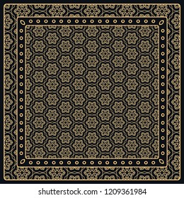 Black and gold abstract graphic pattern. Geometric ornament with frame, border. Line art, lace, embroidery background. Bandanna, shawl, scarf, tablecloth design for textile fabric print