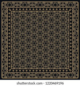 Black and gold abstract graphic pattern. Geometric ornament with frame, border. Line art, lace, embroidery background. Bandanna, shawl, scarf, tablecloth design for textile fabric print