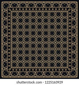 Black and gold abstract graphic pattern. Geometric ornament with frame, border. Line art, lace, embroidery background. Bandanna, shawl, scarf, tablecloth design for textile fabric print