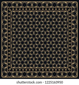 Black and gold abstract graphic pattern. Geometric ornament with frame, border. Line art, lace, embroidery background. Bandanna, shawl, scarf, tablecloth design for textile fabric print