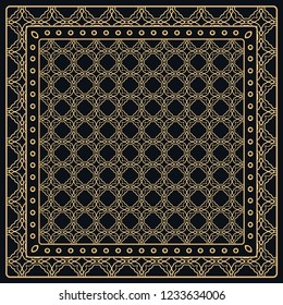 Black and gold abstract graphic pattern. Geometric ornament with frame, border. Line art, lace, embroidery background. Bandanna, shawl, scarf, tablecloth design for textile fabric print