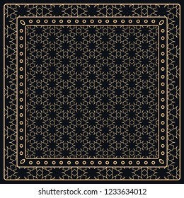 Black and gold abstract graphic pattern. Geometric ornament with frame, border. Line art, lace, embroidery background. Bandanna, shawl, scarf, tablecloth design for textile fabric print