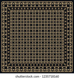 Black and gold abstract graphic pattern. Geometric ornament with frame, border. Line art, lace, embroidery background. Bandanna, shawl, scarf, tablecloth design for textile fabric print