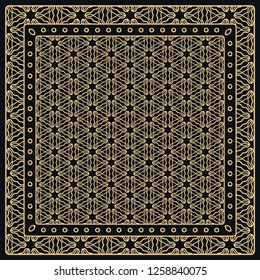 Black and gold abstract graphic pattern. Geometric ornament with frame, border. Line art, lace, embroidery background. Bandanna, shawl, scarf, tablecloth design for textile fabric print