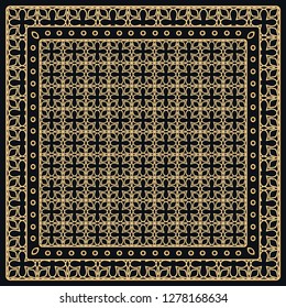 Black and gold abstract graphic pattern. Geometric ornament with frame, border. Line art, lace, embroidery background. Bandanna, shawl, scarf, tablecloth design for textile fabric print