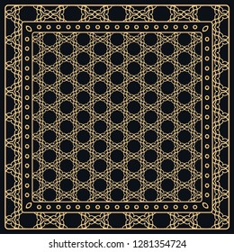 Black and gold abstract graphic pattern. Geometric ornament with frame, border. Line art, lace, embroidery background. Bandanna, shawl, scarf, tablecloth design for textile fabric print