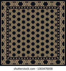 Black and gold abstract graphic pattern. Geometric ornament with frame, border. Line art, lace, embroidery background. Bandanna, shawl, scarf, tablecloth design for textile fabric print