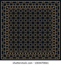 Black and gold abstract graphic pattern. Geometric ornament with frame, border. Line art, lace, embroidery background. Bandanna, shawl, scarf, tablecloth design for textile fabric print