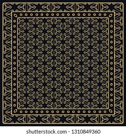 Black and gold abstract graphic pattern. Geometric ornament with frame, border. Line art, lace, embroidery background. Bandanna, shawl, scarf, tablecloth design for textile fabric print