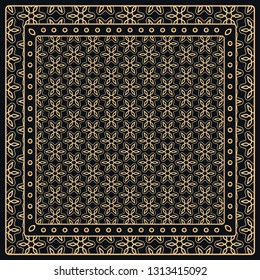 Black and gold abstract graphic pattern. Geometric ornament with frame, border. Line art, lace, embroidery background. Bandanna, shawl, scarf, tablecloth design for textile fabric print