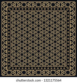 Black and gold abstract graphic pattern. Geometric ornament with frame, border. Line art, lace, embroidery background. Bandanna, shawl, scarf, tablecloth design for textile fabric print