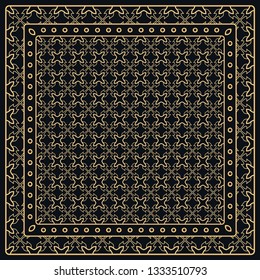 Black and gold abstract graphic pattern. Geometric ornament with frame, border. Line art, lace, embroidery background. Bandanna, shawl, scarf, tablecloth design for textile fabric print