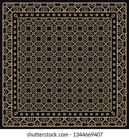 Black and gold abstract graphic pattern. Geometric ornament with frame, border. Line art, lace, embroidery background. Bandanna, shawl, scarf, tablecloth design for textile fabric print