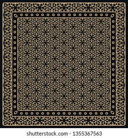 Black and gold abstract graphic pattern. Geometric ornament with frame, border. Line art, lace, embroidery background. Bandanna, shawl, scarf, tablecloth design for textile fabric print