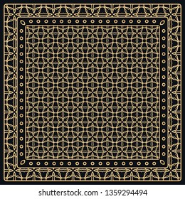 Black and gold abstract graphic pattern. Geometric ornament with frame, border. Line art, lace, embroidery background. Bandanna, shawl, scarf, tablecloth design for textile fabric print