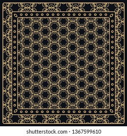 Black and gold abstract graphic pattern. Geometric ornament with frame, border. Line art, lace, embroidery background. Bandanna, shawl, scarf, tablecloth design for textile fabric print