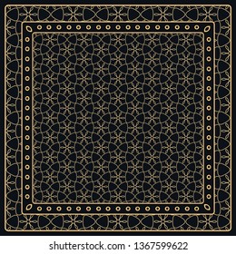 Black and gold abstract graphic pattern. Geometric ornament with frame, border. Line art, lace, embroidery background. Bandanna, shawl, scarf, tablecloth design for textile fabric print