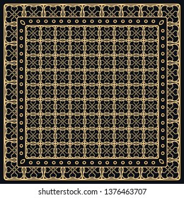 Black and gold abstract graphic pattern. Geometric ornament with frame, border. Line art, lace, embroidery background. Bandanna, shawl, scarf, tablecloth design for textile fabric print