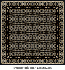 Black and gold abstract graphic pattern. Geometric ornament with frame, border. Line art, lace, embroidery background. Bandanna, shawl, scarf, tablecloth design for textile fabric print