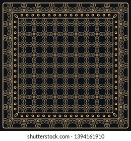 Black and gold abstract graphic pattern. Geometric ornament with frame, border. Line art, lace, embroidery background. Bandanna, shawl, scarf, tablecloth design for textile fabric print