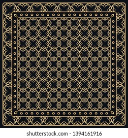 Black and gold abstract graphic pattern. Geometric ornament with frame, border. Line art, lace, embroidery background. Bandanna, shawl, scarf, tablecloth design for textile fabric print