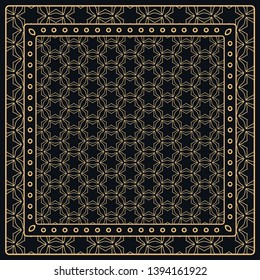 Black and gold abstract graphic pattern. Geometric ornament with frame, border. Line art, lace, embroidery background. Bandanna, shawl, scarf, tablecloth design for textile fabric print