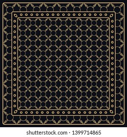 Black and gold abstract graphic pattern. Geometric ornament with frame, border. Line art, lace, embroidery background. Bandanna, shawl, scarf, tablecloth design for textile fabric print