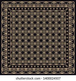 Black and gold abstract graphic pattern. Geometric ornament with frame, border. Line art, lace, embroidery background. Bandanna, shawl, scarf, tablecloth design for textile fabric print