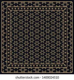 Black and gold abstract graphic pattern. Geometric ornament with frame, border. Line art, lace, embroidery background. Bandanna, shawl, scarf, tablecloth design for textile fabric print