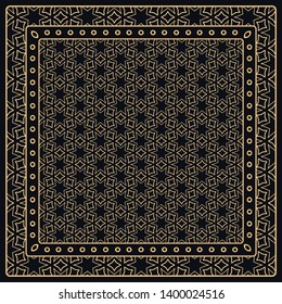 Black and gold abstract graphic pattern. Geometric ornament with frame, border. Line art, lace, embroidery background. Bandanna, shawl, scarf, tablecloth design for textile fabric print