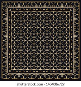 Black and gold abstract graphic pattern. Geometric ornament with frame, border. Line art, lace, embroidery background. Bandanna, shawl, scarf, tablecloth design for textile fabric print