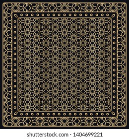 Black and gold abstract graphic pattern. Geometric ornament with frame, border. Line art, lace, embroidery background. Bandanna, shawl, scarf, tablecloth design for textile fabric print