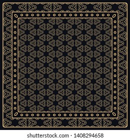 Black and gold abstract graphic pattern. Geometric ornament with frame, border. Line art, lace, embroidery background. Bandanna, shawl, scarf, tablecloth design for textile fabric print